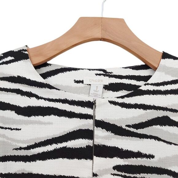 Chico's Jacket Womens Medium White Black Lined 3/4 Sleeve Round Neck Zebra Print - Picture 2 of 10